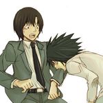  bite biting black_hair brown_hair death_note formal l l_(death_note) lowres matsuda_touta necktie open_mouth suit sweat 