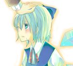  blue_eyes blue_hair bow cirno out_of_frame petting short_hair solo_focus suzumura_tomo tears touhou wings 