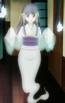  black_hair ghost ghost_tail hitodama japanese_clothes kimono long_hair murasame_oshizu obi purple_eyes sash screencap solo stitched third-party_edit to_love-ru white_kimono 
