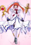  alternate_costume alternate_weapon brown_hair detached_sleeves long_hair lyrical_nanoha magical_girl mahou_shoujo_lyrical_nanoha_strikers makacoon purple_eyes raising_heart solo staff takamachi_nanoha thighhighs twintails weapon 