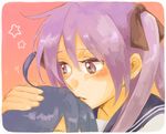  ahoge bad_id bad_pixiv_id blue_hair blush chin_rest eyelashes face hair_ribbon hand_on_another's_head hiiragi_kagami hug izumi_konata long_hair lucky_star multiple_girls peg purple_eyes purple_hair ribbon simple_background star tsurime twintails 