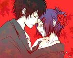  1girl blue_hair chrome_dokuro closed_eyes couple eyepatch flower hair_ornament hairclip hetero hibari_kyouya hug katekyo_hitman_reborn! kurot leaf lowres off_shoulder red red_background short_hair 