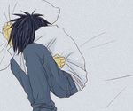  bed bed_sheet black_hair death_note l l_(death_note) lying pillow sheets 