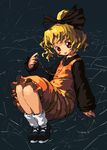  :o binayu bobby_socks brown_dress dress full_body knees_up kurodani_yamame long_sleeves looking_at_viewer parted_lips silk socks solo spider_web tabard touhou white_legwear 