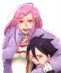  1girl anemone_(eureka_seven) annoyed artist_request black_hair blue_eyes collar couple dominic_sorel eureka_seven eureka_seven_(series) feather_boa hair_ornament hairclip hetero pink_hair purple_eyes simple_background 