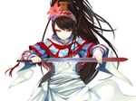  blood bloody_weapon brown_hair cowboy_shot cropped dress duplicate holding holding_sword holding_weapon looking_at_viewer ponytail red_eyes sangokushi_taisen sheath shingo_(missing_link) simple_background solo sword unsheathing weapon white_background white_dress zhang_chunhua_(sangokushi_taisen) 