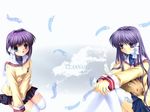  artist_request blue_eyes botan_(clannad) clannad feathers fujibayashi_kyou fujibayashi_ryou hikarizaka_private_high_school_uniform long_hair multiple_girls purple_eyes purple_hair school_uniform short_hair siblings thighhighs twins wallpaper 