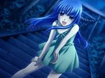  blue_eyes blue_hair dress dutch_angle furude_rika game_cg green_skirt higurashi_no_naku_koro_ni leaning_forward long_hair non-web_source rato skirt solo stairs 