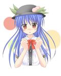  blue_hair blush exe_(xe) food fruit hat hinanawi_tenshi long_hair peach red_eyes solo touhou 