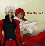  1girl bad_id bad_pixiv_id blue_eyes braid cape crop_top dante_(devil_may_cry) dark_skin devil_may_cry devil_may_cry_2 gloves hair_over_one_eye long_hair lucia_(devil_may_cry) midriff nama_(na-ma) red_hair short_hair skull trench_coat white_hair 