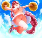  arcana_heart arcana_heart_3 braid breasts cheerleader cloud day flying_sweatdrops from_below glasses groin highres ishito_yuura large_breasts long_hair navel no_bra no_panties pink_hair plump pom_poms ponytail pussy red_eyes shoes single_braid sky solo underboob upshirt upskirt very_long_hair yasuzumi_yoriko 