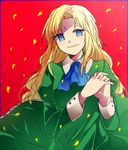  bad_id bad_pixiv_id blonde_hair blue_eyes dress hands_clasped ib long_hair mary_(ib) mmm_ss own_hands_together petals red_background solo 