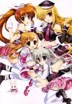  4girls absurdres blonde_hair brown_hair einhart_stratos fate_testarossa heretochromia heterochromia highres lyrical_nanoha mahou_shoujo_lyrical_nanoha mahou_shoujo_lyrical_nanoha_vivid multiple_girls sacred_heart simple_background takamachi_nanoha vivio white_background wink 