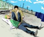  2boys alternate_costume black_hair chainlink crouch earrings green_hair jewelry laying lying male male_focus modern_clothes multiple_boys on_back one_piece roof rooftop roronoa_zoro school_uniform sleeping squatting student supernova trafalgar_law 