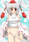  absurdres animal_ears bare_shoulders blush breasts covered_nipples detached_sleeves hat highres inubashiri_momiji large_breasts no_pants panties panty_pull red_eyes revision seisei short_hair silver_hair solo tokin_hat touhou underwear white_panties wolf_ears 