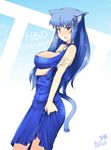  animal_ears blue_dress blue_hair blush breasts butter-t cat_ears cat_tail choker dress dress_lift dutch_angle hair_ornament large_breasts long_hair looking_at_viewer orange_eyes original solo tail 