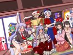  6+girls aki_minoriko aki_shizuha alcohol animal_ears black_eyes black_hair blazer blonde_hair blush bunny_ears chen female flandre_scarlet fujiwara_no_mokou green_eyes green_hair grey_hair hat houraisan_kaguya inaba_tewi long_hair multiple_girls nazrin necktie onozuka_komachi panties pantyshot purple_hair red_eyes reisen_udongein_inaba rod_of_remorse sako_(bosscoffee) shanghai_doll shiki_eiki shikieiki_yamaxanadu silver_hair touhou underwear very_long_hair yagokoro_eirin yasaka_kanako 