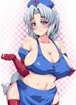  bad_id bad_pixiv_id bare_shoulders blue_eyes blush braid breasts cleavage collarbone elbow_gloves gloves hat huge_breasts long_hair looking_at_viewer midriff moisture_(chichi) navel nurse_cap red_gloves red_legwear silver_hair single_braid solo thighhighs touhou yagokoro_eirin 