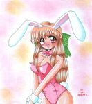  animal_ears artist_name bare_shoulders blush bow bowtie bunny_ears bunny_girl bunny_tail bunnysuit hair_bow kamihara_mizuki kanon kurata_sayuri long_hair open_mouth shikishi signature solo tail traditional_media 