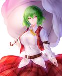  absurdres ascot belt blush breasts green_hair highres holding kazami_yuuka large_breasts looking_at_viewer nikonikosiro plaid plaid_vest red_eyes short_hair skirt smile solo touhou umbrella vest white_background 