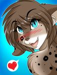  &lt;3 anthro black_fur blue_background blue_eyes blush brown_fur brown_hair brown_nose feline female fur gradient_background grin hair kathrin_(twokinds) keidran looking_at_viewer looking_back mammal nude open_mouth plain_background simple_background smile solo spots teeth tom_fischbach tongue twokinds 