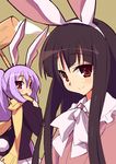  9law alternate_hairstyle animal_ears brown_hair bunny_ears bunny_tail face fake_animal_ears houraisan_kaguya long_hair mallet multiple_girls oekaki ponytail purple_eyes purple_hair red_eyes reisen_udongein_inaba revision scarf smile tail touhou 