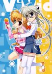  2girls absurdres einhart_stratos food fujima_takuya hand_holding heterochromia highres ice_cream lyrical_nanoha mahou_shoujo_lyrical_nanoha mahou_shoujo_lyrical_nanoha_vivid multiple_girls official_art thighhighs vivio yuri 