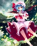  ascot bat_wings blue_hair cloud cross finger_in_mouth flower full_moon graveyard moon night petals plant red_eyes remilia_scarlet revision rugo shirt short_hair skirt skirt_set sky solo star_(sky) touhou upskirt vines wind wings wrist_cuffs 