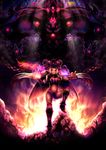  boots breasts chain cleavage dark_skin demon demon_girl demon_wings facial_tattoo fire glowing glowing_eyes hat highres large_breasts long_hair momoshiki_tsubaki monster navel original pointing red_eyes silver_hair solo stained_glass tattoo twintails wings 