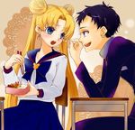  1girl :o annoyed bishoujo_senshi_sailor_moon black_hair blonde_hair blue_bow blue_eyes blue_sailor_collar bow chopsticks doily double_bun food food_on_face gakuran hair_bun juuban_high_school_uniform kiyoka_1015 long_hair obentou sailor_collar school_uniform seiya_kou serafuku table tsukino_usagi 