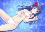  bikini black_hair blue_eyes breasts brown_eyes bubble cleavage flower front-tie_top guttyod hair_flower hair_ornament hibiscus long_hair looking_at_viewer medium_breasts navel original side-tie_bikini solo swimsuit underwater 