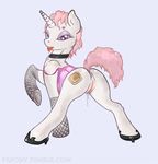  anus collar drooling equine female feral fireant hair horn legwear lingerie looking_at_viewer looking_back mammal my_little_pony original_character pink_hair plain_background presenting purple_eyes pussy pussy_juice saliva solo stockings tongue tongue_out unicorn 