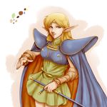  arm_warmers armor blonde_hair blue_cape blue_eyes breastplate cape deedlit dress elf fujiwaru green_skirt hands long_hair parted_lips pauldrons pointy_ears rapier record_of_lodoss_war short_dress skirt solo sword weapon 