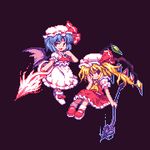  ascot bad_id bad_pixiv_id blonde_hair blue_eyes blue_hair dress flandre_scarlet hand_over_eye hat kou_2008 lowres mary_janes multiple_girls pixel_art polearm red_eyes remilia_scarlet revision shoes siblings side_ponytail sisters spear spear_the_gungnir touhou weapon wings 