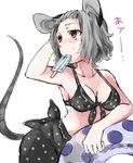  akagashi_hagane animal_ears bad_id bad_pixiv_id bikini breasts cleavage food grey_hair innertube medium_breasts mouse_ears mouse_tail mouth_hold nazrin popsicle red_eyes short_hair simple_background solo swimsuit tail touhou white_background 