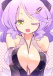  bare_shoulders between_breasts breasts chandelure cleavage colored_eyelashes costume gen_5_pokemon homura_subaru large_breasts one_eye_closed open_mouth personification pokemon purple_hair revision solo yellow_eyes 
