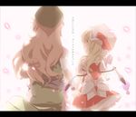  blonde_hair braid brown_hair commentary flandre_scarlet from_behind hat hat_ribbon highres holding_hands hong_meiling letterboxed long_hair multiple_girls petals pointy_ears red_eyes ribbon shunsuke side_ponytail touhou translated twin_braids wings yuri 