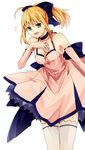  ahoge artoria_pendragon_(all) bad_id bad_pixiv_id bare_shoulders blonde_hair bow breasts cleavage dress elbow_gloves fate/stay_night fate/unlimited_codes fate_(series) gloves green_eyes hair_bow highres long_hair medium_breasts mmm_ss ponytail saber saber_lily solo thighhighs white_legwear 