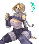  1girl arm_support bandage bandages bare_shoulders blonde_hair breasts cleavage detached_sleeves deviantart_thumbnail face_mask large_breasts maniacpaint mask ninja ocarina_of_time red_eyes sarashi sheik shirt_lift short_hair sitting solo the_legend_of_zelda the_legend_of_zelda:_ocarina_of_time top_lift 