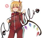 ahoge alternate_costume bacho blonde_hair blush bow fangs flandre_scarlet hair_bow heart highres laevatein looking_at_viewer pointy_ears red_eyes side_ponytail simple_background smile solo spoken_heart sweat touhou track_suit white_background wings 