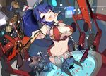  ;d absurdres blue_hair breasts fan fish folding_fan groin highres holding izuru_(timbermetal) koi large_breasts light_particles long_hair looking_at_viewer mask navel one_eye_closed open_mouth original ponytail purple_eyes smile solo thighhighs water wrist_cuffs 