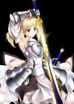  ahoge armor armored_dress artoria_pendragon_(all) aru1025330 avalon_(fate/stay_night) bad_id bad_pixiv_id bare_shoulders blonde_hair caliburn detached_sleeves drawing_sword dress excalibur fate/stay_night fate/unlimited_codes fate_(series) faulds gauntlets glowing glowing_sword glowing_weapon green_eyes long_hair ponytail saber saber_lily sheath solo unsheathing weapon 
