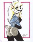  anthro badger black_fur black_nose blonde_hair blue_eyes border bottomless breasts butt clothed clothing female fur grey_fur hair half-dressed jacket looking_at_viewer looking_back mammal michele_light mustelid nipples open_mouth open_shirt pink_border plain_background pose presenting shirt short_tail solo standing teeth terrie_smith tongue undressing white_background white_fur 