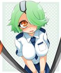  bioroid_hei blush breasts dual_wielding eyepatch gloves green_hair hair_over_one_eye holding impossible_clothes large_breasts looking_at_viewer necktie open_mouth otonashi_kiruko pencil_skirt police police_uniform policewoman shinmai_fukei_kiruko-san short_hair skirt smile solo tonfa uniform weapon yellow_eyes 