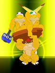  abs bottomless bowser brick claws hair hairy hammer koopa mario mario_bros muscles nintendo nude penis plain_background pow red_hair topless turtle video_games yellow_background 