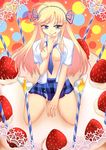  1girl blonde_hair blue_eyes cake candle feet food fruit highres katsuragi_(senran_kagura) kiritsuki_yuu_koromo long_hair no_shoes senran_kagura senran_kagura_(series) socks soles solo strawberry 
