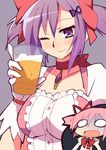  9law alcohol beer breasts cosplay cup face gloves hair_ribbon hands kaname_junko kaname_madoka kaname_madoka_(cosplay) large_breasts mahou_shoujo_madoka_magica mature mother_and_daughter multiple_girls o_o oekaki one_eye_closed open_mouth parody pink_hair purple_eyes purple_hair revision ribbon short_twintails smile twintails 