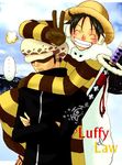  2boys black_hair black_jacket blue_hair crossed_arms earmuffs earrings fuzzy_hat hat jacket jewelry jolly_roger male male_focus monkey_d_luffy multiple_boys nodachi one_piece punk_hazard red_string scabbard scar sheath sheathed shichibukai smile straw_hat string striped sword tattoo trafalgar_law weapon 