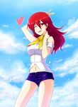  ;p bare_shoulders breasts butter-t cloud day heart long_hair medium_breasts navel one_eye_closed original petals red_hair scarf short_shorts shorts sky smile solo tongue tongue_out yellow_eyes 