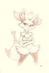  1girl animal_ears artist_name beige_background blush braixen breasts closed_mouth collar creatures_(company) cropped_legs female fox_ears fox_tail fullfolka furry game_freak gen_6_pokemon half-closed_eyes happy heart highres jpeg_artifacts legs_apart looking_at_viewer medium_breasts monochrome navel nintendo no_humans no_nipples paws poke_ball_theme pokemon pokemon_(creature) signature simple_background smile solo standing stick tail traditional_media 